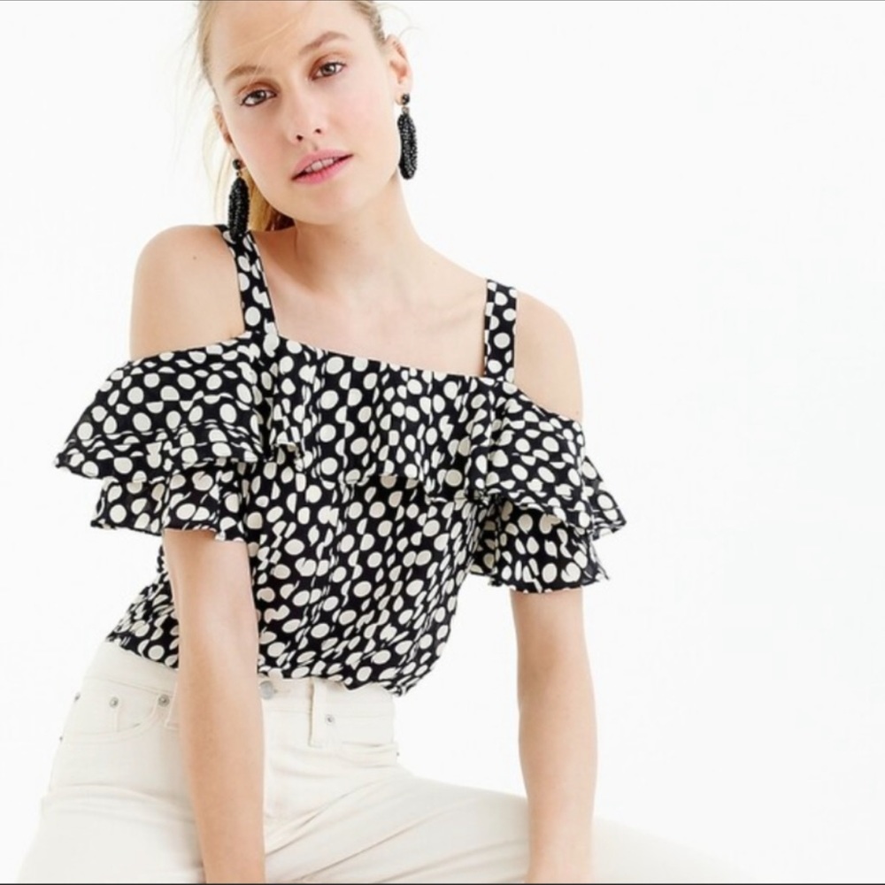 NWT Jcrew 100% Silk Black & Cream Polka Dot Off The Shoulder Ruffled Top Size 12